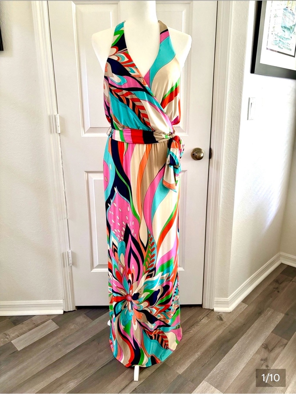 Trina Turk Multicolor Halter Maxi Dress with Turquoise, Pink & Navy